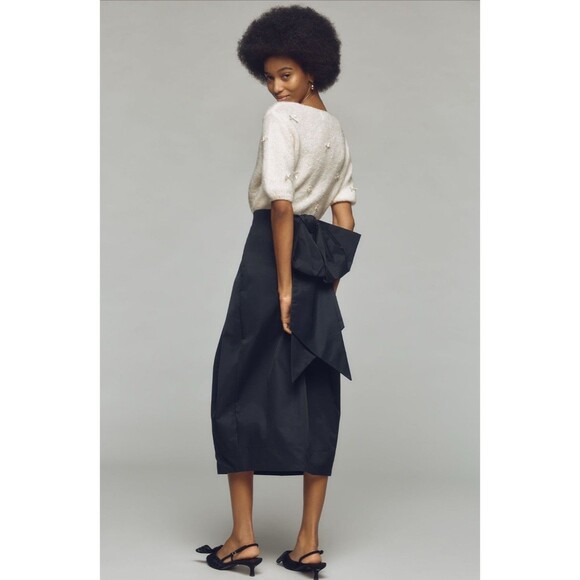 Anthropologie Maeve Midi Skirt Black Sculpt Bow Preppy Retro Classic Size 12 NWT